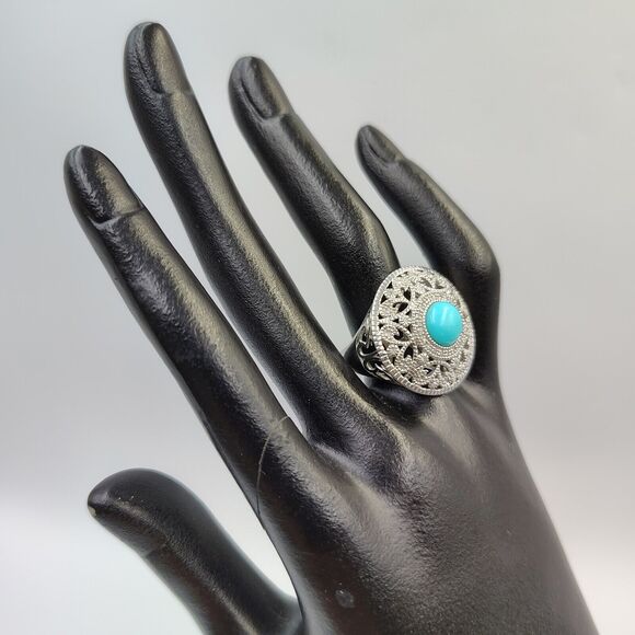Elizabeth Adams Sterling Silver 925 Turquoise Diamond Accents Ornate Ring Sz 8 - Picture 6 of 15
